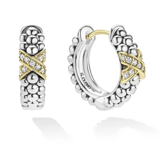 TWO-TONE DIAMOND HUGGIE EARRINGS, 5MM X 16MM