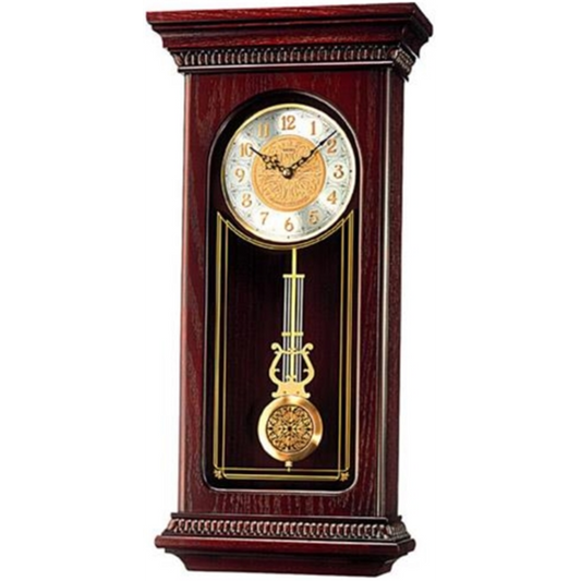 MAHOGANY WALL CLOCK W PENDULUM  AND  CHIME, BROWN