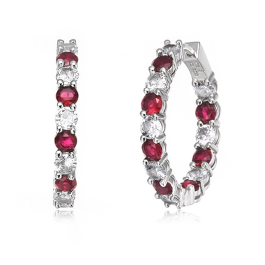 CZ RHODIUM RED CLASSIC HOOP EARRINGS, RED
