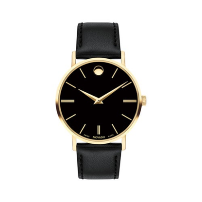 MENS CORPORATE EXCLUSIVE GOLD AND BLACK LEATHER STRAP WATCH BLACK DIAL