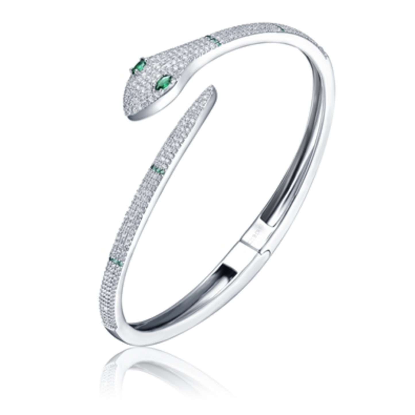 RHODIUM CZ GREEN EYED SERPENT BANGLE, GREEN, 7.5"