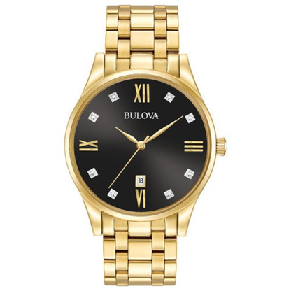 MENS DIAMOND GOLD-TONE STAINLESS STEEL WATCH BLACK DIAL
