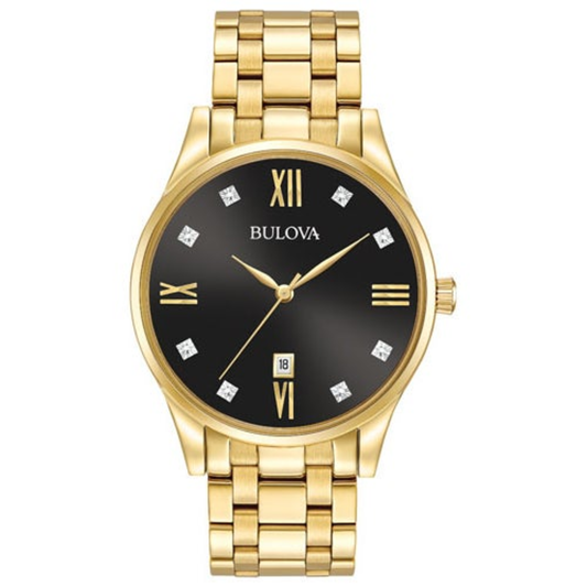MENS DIAMOND GOLD-TONE STAINLESS STEEL WATCH BLACK DIAL