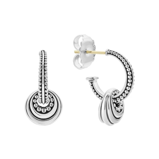 FLUTED DISC BEADED HOOP EARRINGS, STERLING SILVER