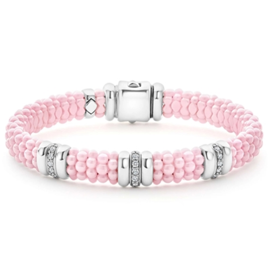 THREE STATION DIAMOND CAVIAR BRACELET, PINK, 9MM