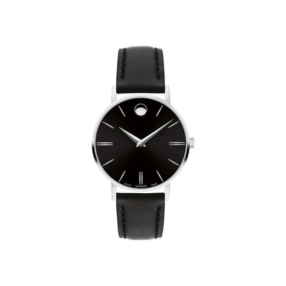 LADIES CORPORATE EXCLUSIVE SILVER & BLACK LEATHER STRAP WATCH BLACK DIAL